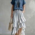 Romantic Striped Top And Ruffled Skirt Cotton-linen Two-piece Set