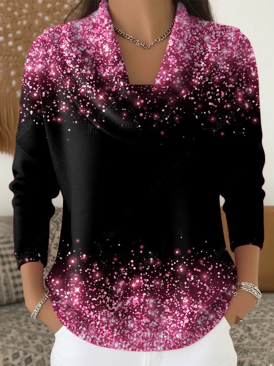 Women's Shiny Gradient Art Print Cowl Neck Sweater