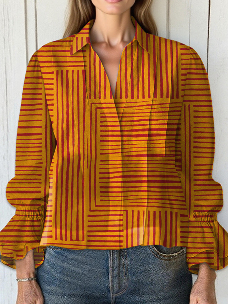 Women's  Vintage Abstract Geometric Art Print Casual  Cotton And Linen Shirt