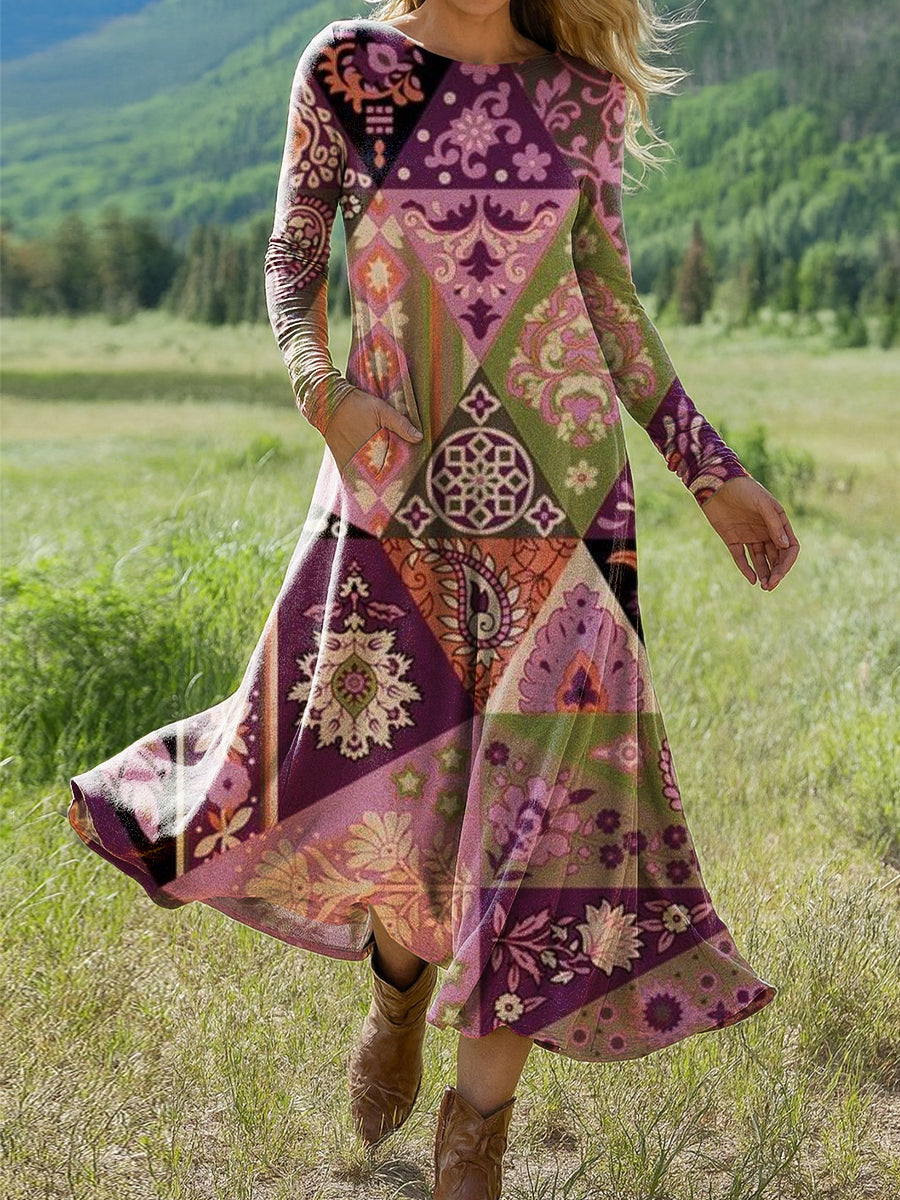Women's Beautiful Vintage Abstract Rhombus Geometric Art Print Long-sleeved Dress