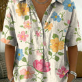 Women's Vintage Botanical Floral Casual Polo Collar Short-sleeved Linen And Cotton Shirt