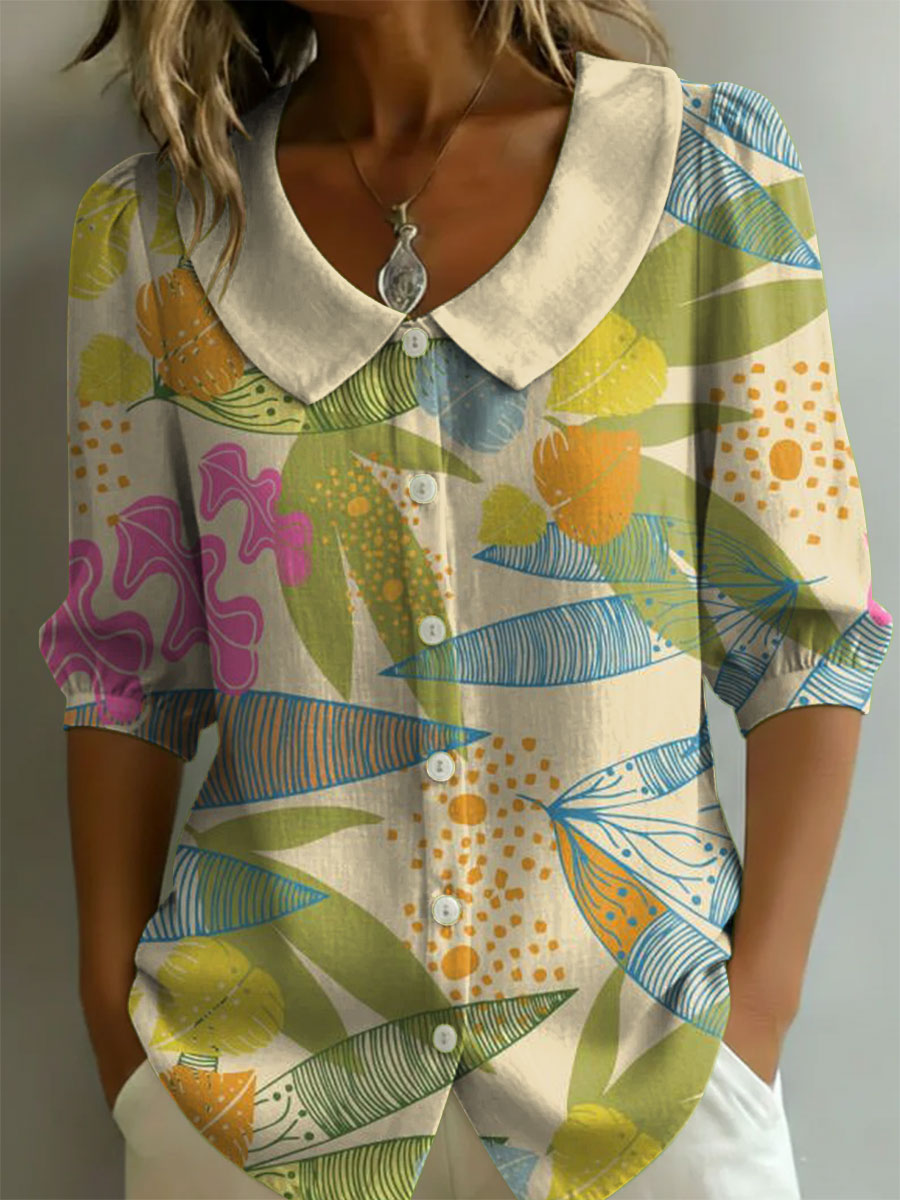 Women's Floral Art Print Casual Stylish Cotton Linen Shirt