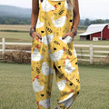 Women's Lovely Chicken Floral Art Print Casual 100% Cotton Wide Leg Jumpsuit