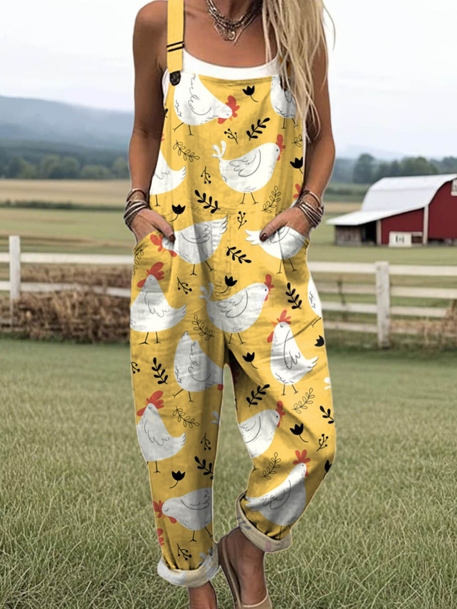 Women's Lovely Chicken Floral Art Print Casual 100% Cotton Wide Leg Jumpsuit