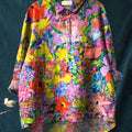 Women's Colorful Flower Art Print Casual Cotton And Linen Shirt