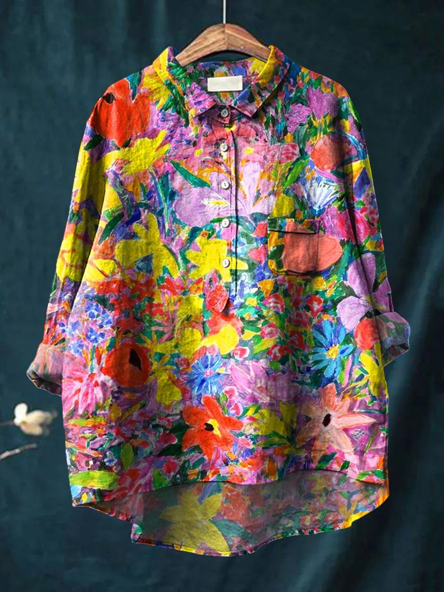 Women's Colorful Flower Art Print Casual Cotton And Linen Shirt