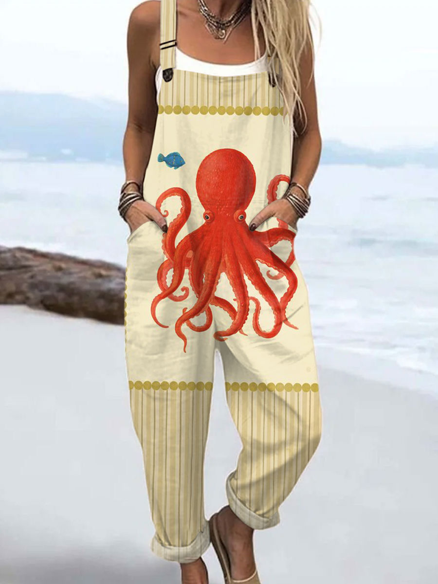 Women's   Vintage Octopus Art Print Casual 100% Cotton Wide Leg Jumpsuit