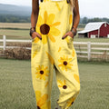Women's Vintage Floral Art Print Casual 100% Cotton Wide Leg Jumpsuit