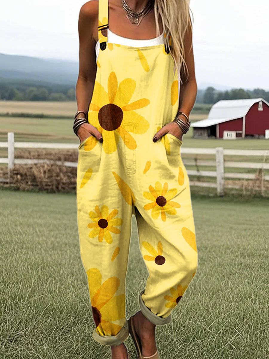 Women's Vintage Floral Art Print Casual 100% Cotton Wide Leg Jumpsuit