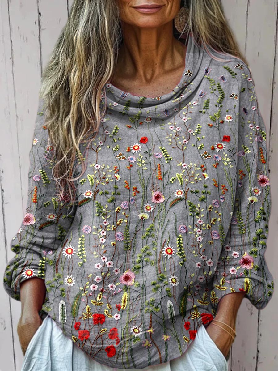 Women's Vintage Floral Art Print Casual Long Sleeve Comfortable Cotton Shirt