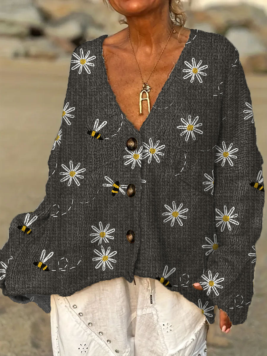 womens-vintage-flower-bee-art-print-casual-pullover-sweater