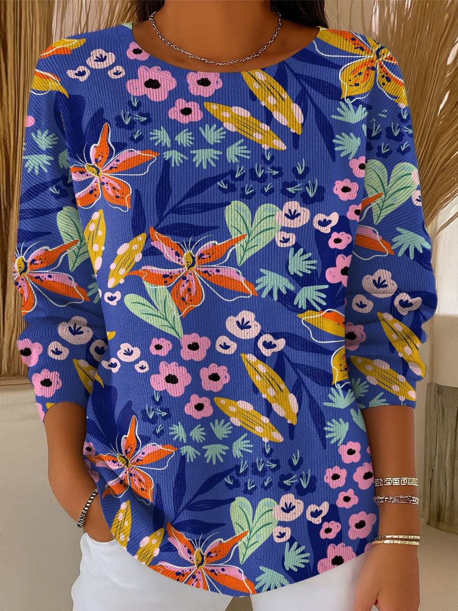 Women's Colorful Flowers And Plants Pattern Casual Pullover Sweater