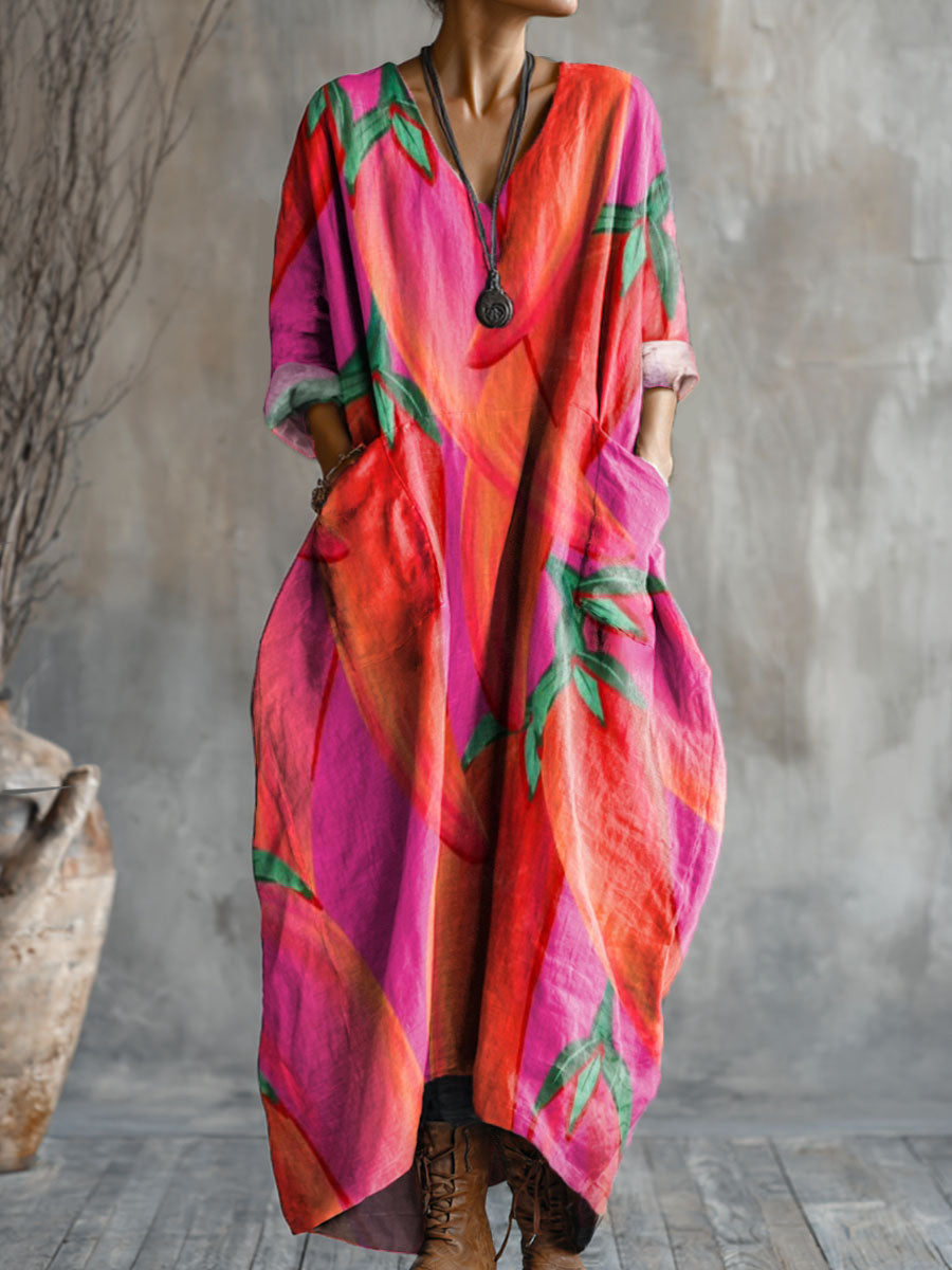 Women's Chili Art Pattern Print Pocket V-neck Cotton Dress