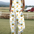 Women's Vintage Funny Bee Art Print Casual 100% Cotton Wide Leg Jumpsuit