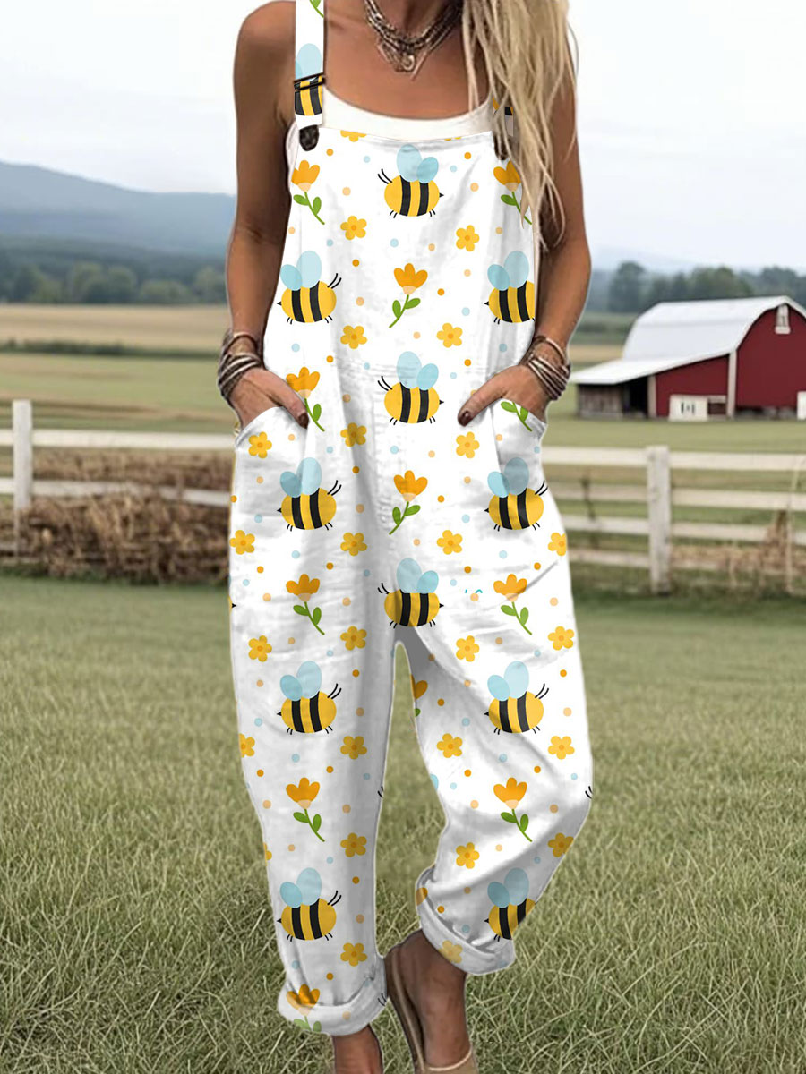 Women's Vintage Funny Bee Art Print Casual 100% Cotton Wide Leg Jumpsuit