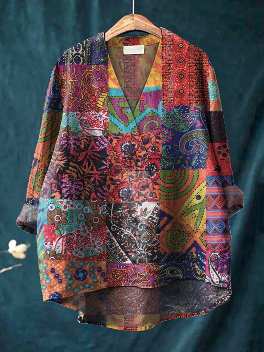 Traditional Style Indian Patchwork Pattern Printed Women's Casual Cotton And Linen V-Neck Shirt