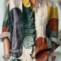 Women's Abstract Colorful Geometric Block Painting Art Print Casual Cotton And Linen Ruffle Shirt