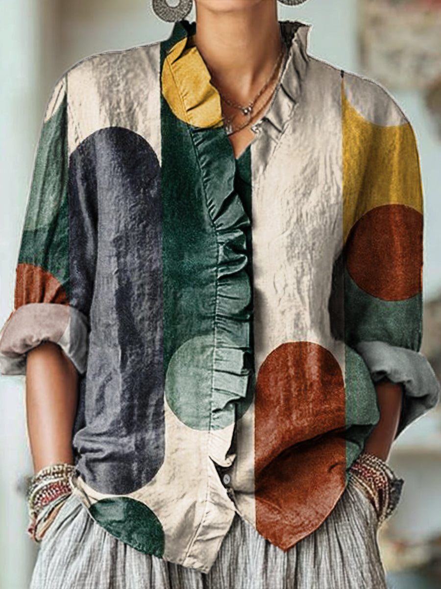 Women's Abstract Colorful Geometric Block Painting Art Print Casual Cotton And Linen Ruffle Shirt