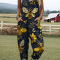 Women's Lovely Floral Bees Art Print Casual 100% Cotton Wide Leg Jumpsuit