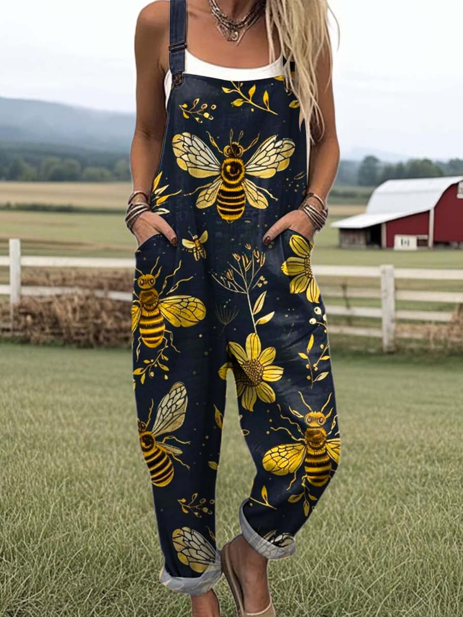Women's Lovely Floral Bees Art Print Casual 100% Cotton Wide Leg Jumpsuit