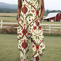Women's Vintage Flower Art Print Casual 100% Cotton Wide Leg Jumpsuit