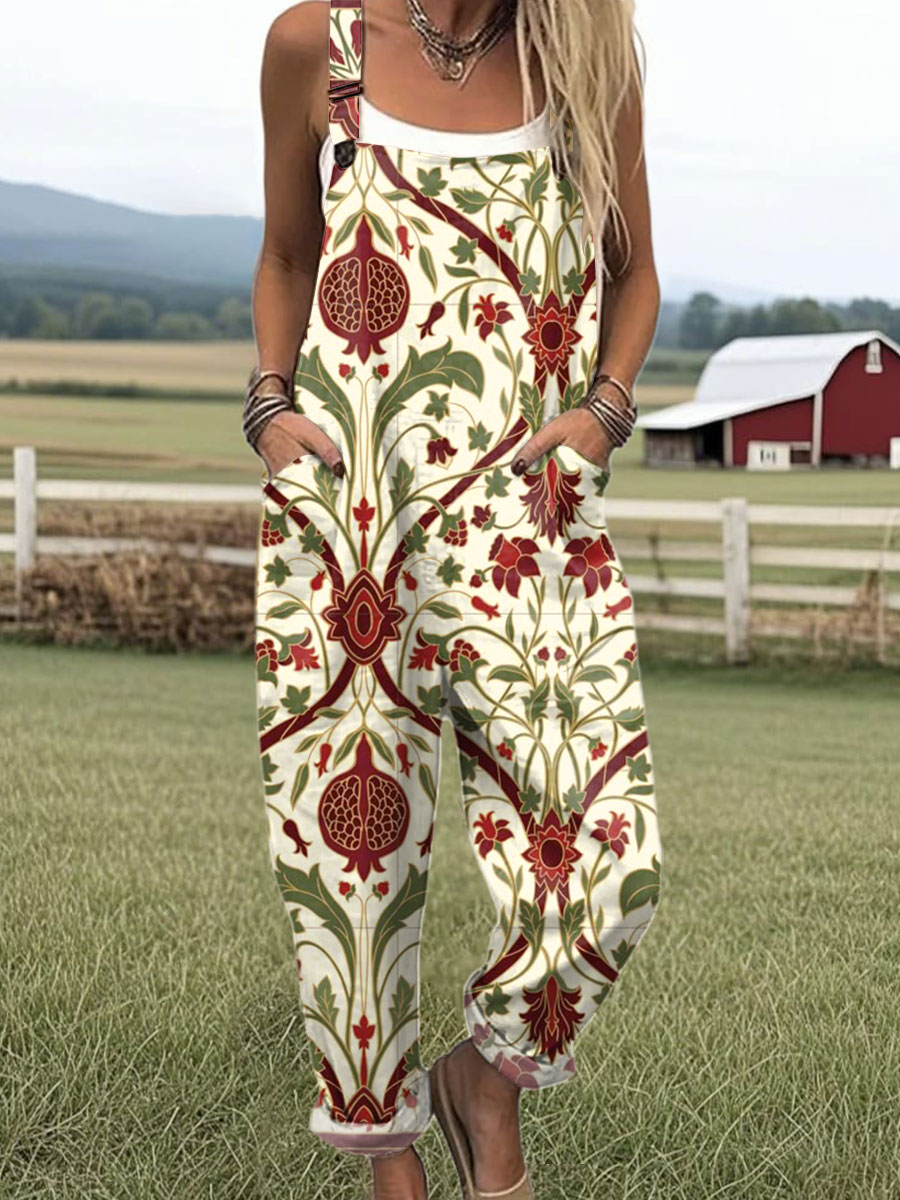 Women's Vintage Flower Art Print Casual 100% Cotton Wide Leg Jumpsuit