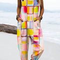 Women's Vintage Abstract Geometric Line Art Print Casual 100% Cotton Wide Leg Jumpsuit