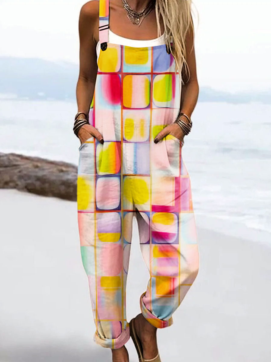 Women's Vintage Abstract Geometric Line Art Print Casual 100% Cotton Wide Leg Jumpsuit