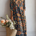Women's Vintage Flower Art Print Linen Pocket Dress