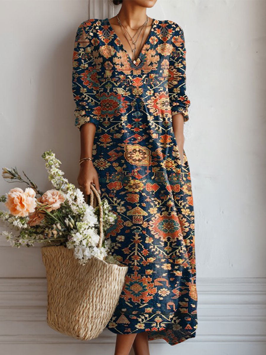 Women's Vintage Flower Art Print Linen Pocket Dress