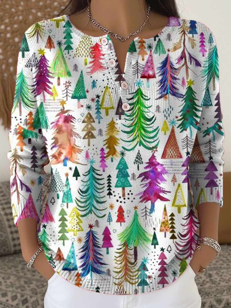 Vintage  Christmas Art Print Buttoned Cardigan Sweater