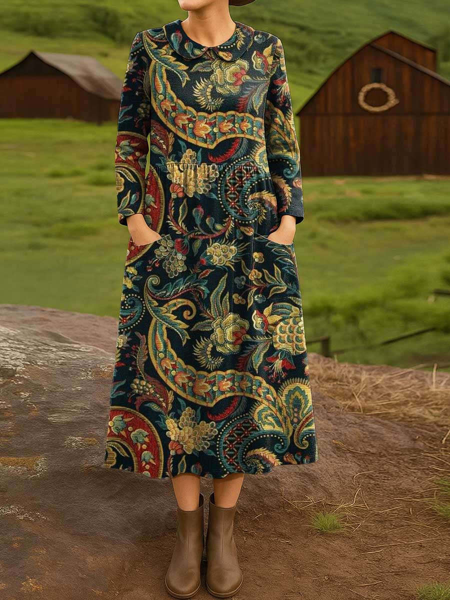 Women's Vintage Floral Pattern Art Print Cotton Lapel Shirt Dress