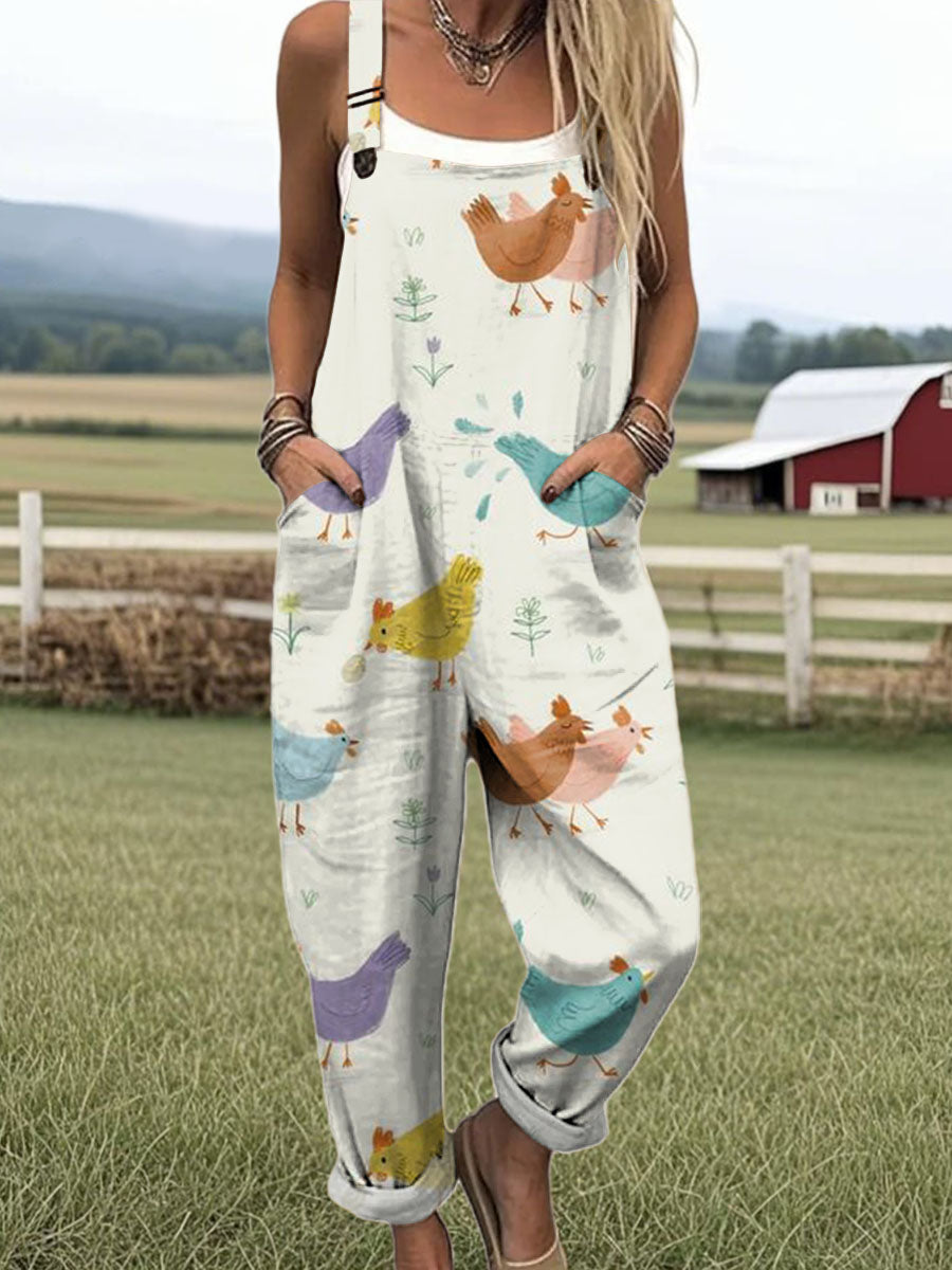 Women's Art Creative Fun Chick Print Casual 100% Cotton Wide Leg Jumpsuit