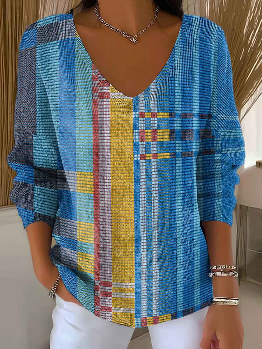 womens-blue-geometric-color-splicing-casual-pullover-sweater