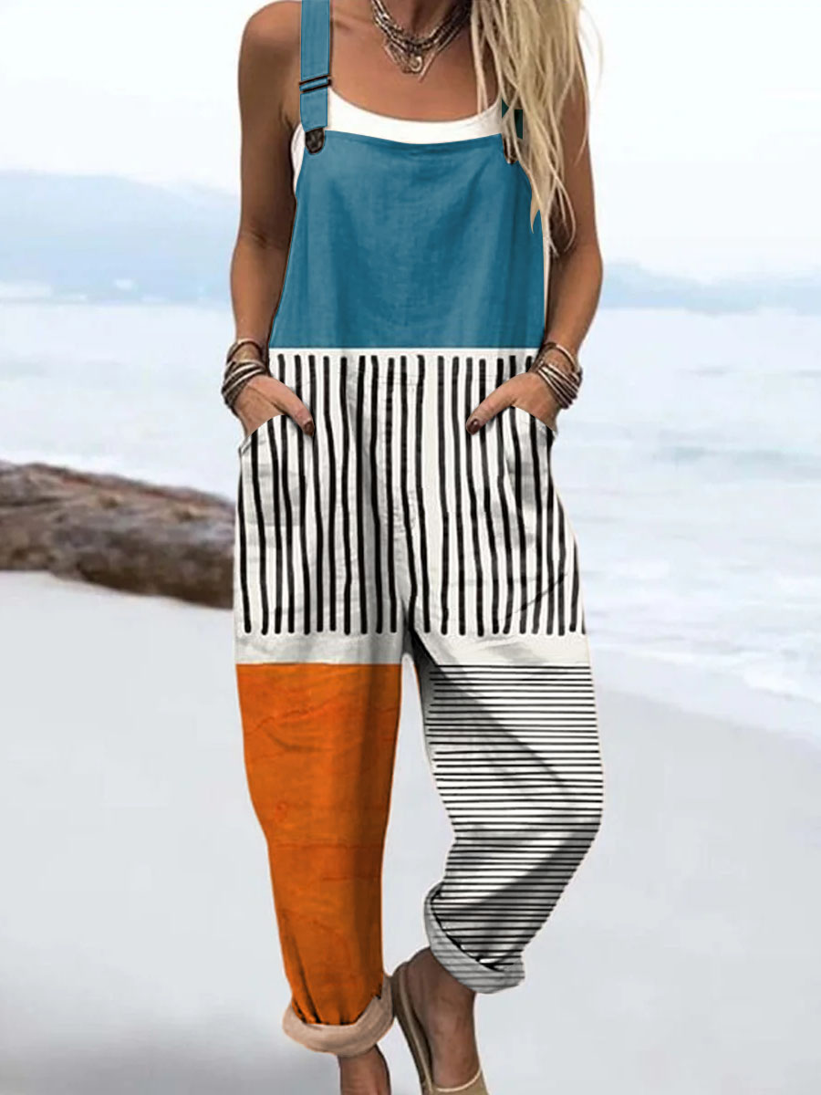 Women's Geometric Pattern Art Print Casual 100% Cotton Wide Leg Jumpsuit