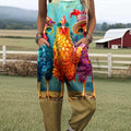 Women's Funny Chicken Art Print Casual 100% Cotton Wide Leg Jumpsuit
