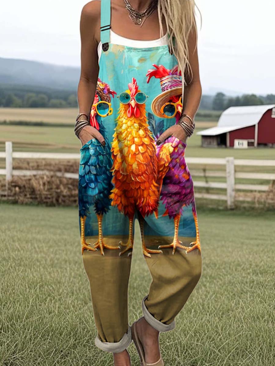 Women's Funny Chicken Art Print Casual 100% Cotton Wide Leg Jumpsuit