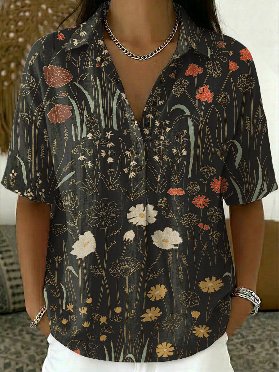 Women's Floral Print Casual Cotton-linen Shirt