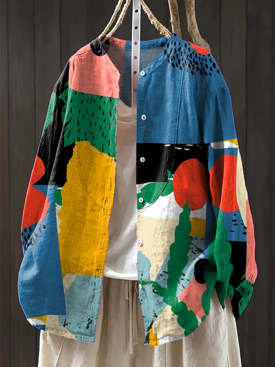Women's Abstract Colorful Graffiti Painting Art Print Casual Cotton And Linen Shirt