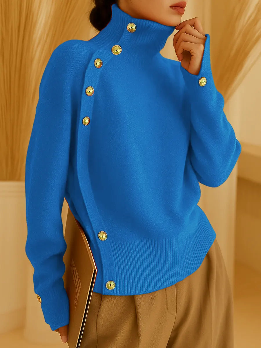 Women's Solid Color Turtleneck Long Sleeve Casual Button Loose Knit Top