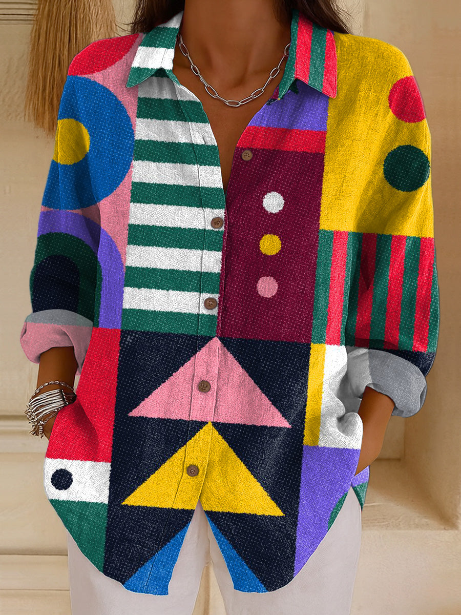 Women's Beautiful Colorful Abstract Geometric Painting Art Print Casual Cotton Shirt