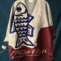 Women's Vintage Fish Art Print Casual Cotton And Linen V-neck Shirt