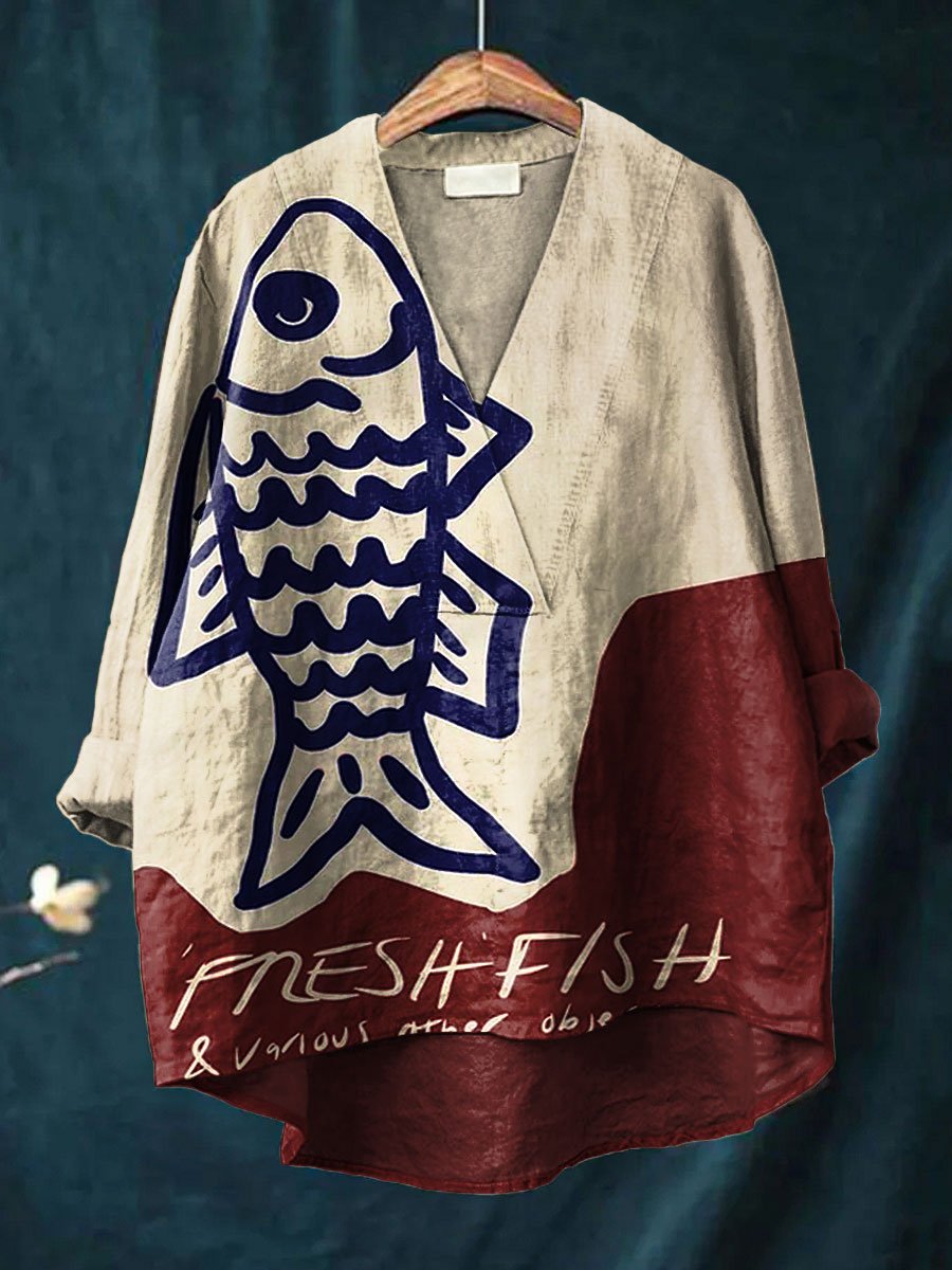 Women's Vintage Fish Art Print Casual Cotton And Linen V-neck Shirt