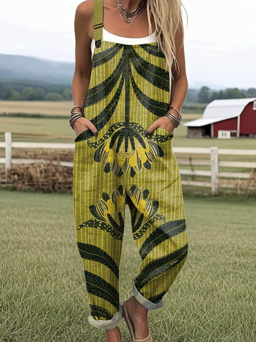 Women's Vintage Floral Art Print Casual 100% Cotton Wide Leg Jumpsuit