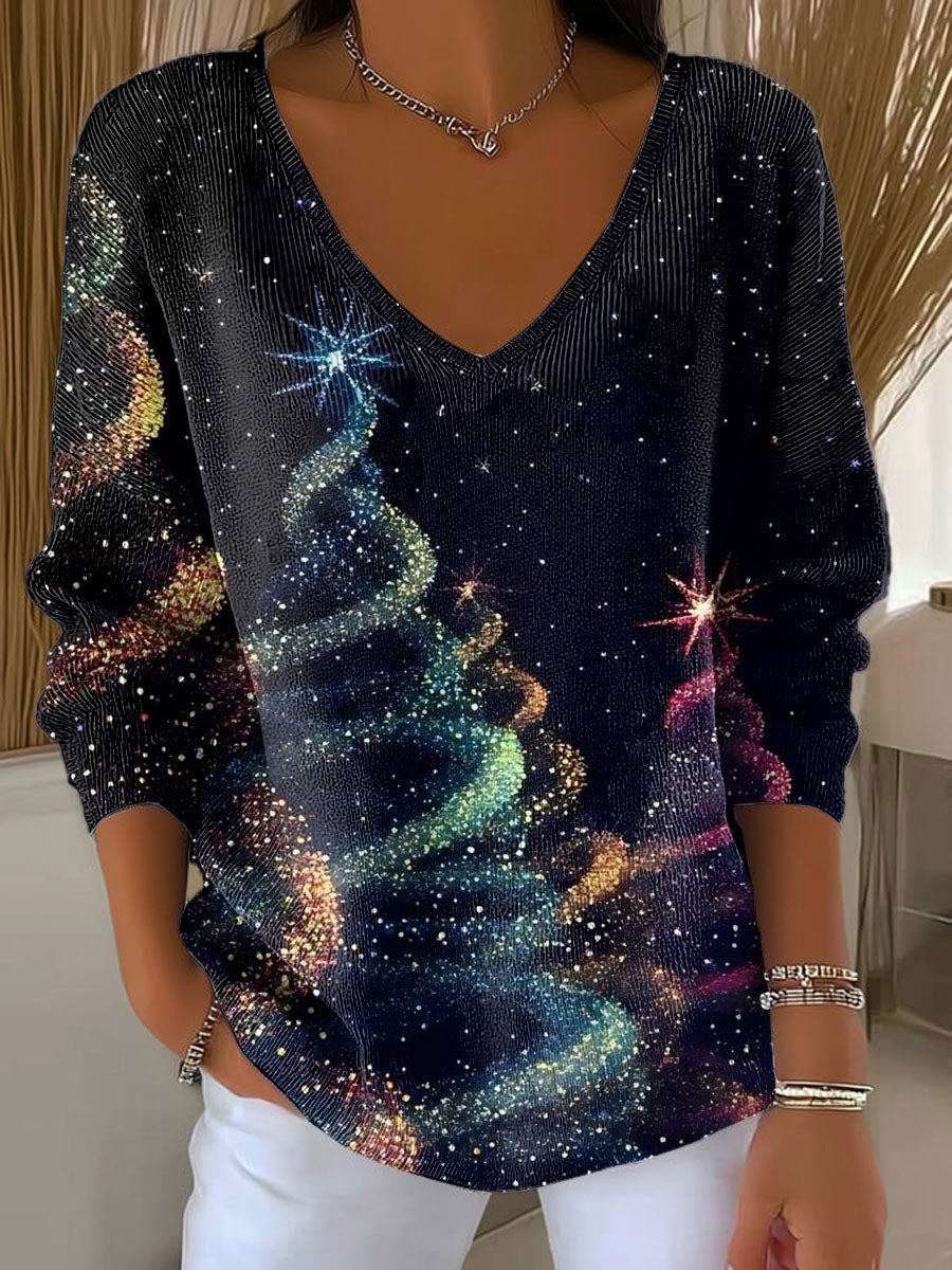 Women's Christmas Tree Pattern Print Casual Pullover Sweater
