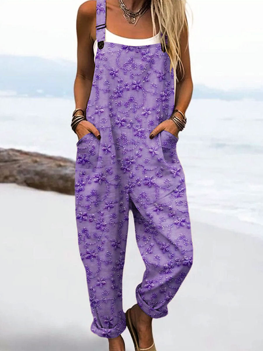 Women's Vintage Flower Art Print Casual 100% Cotton Wide Leg Jumpsuit