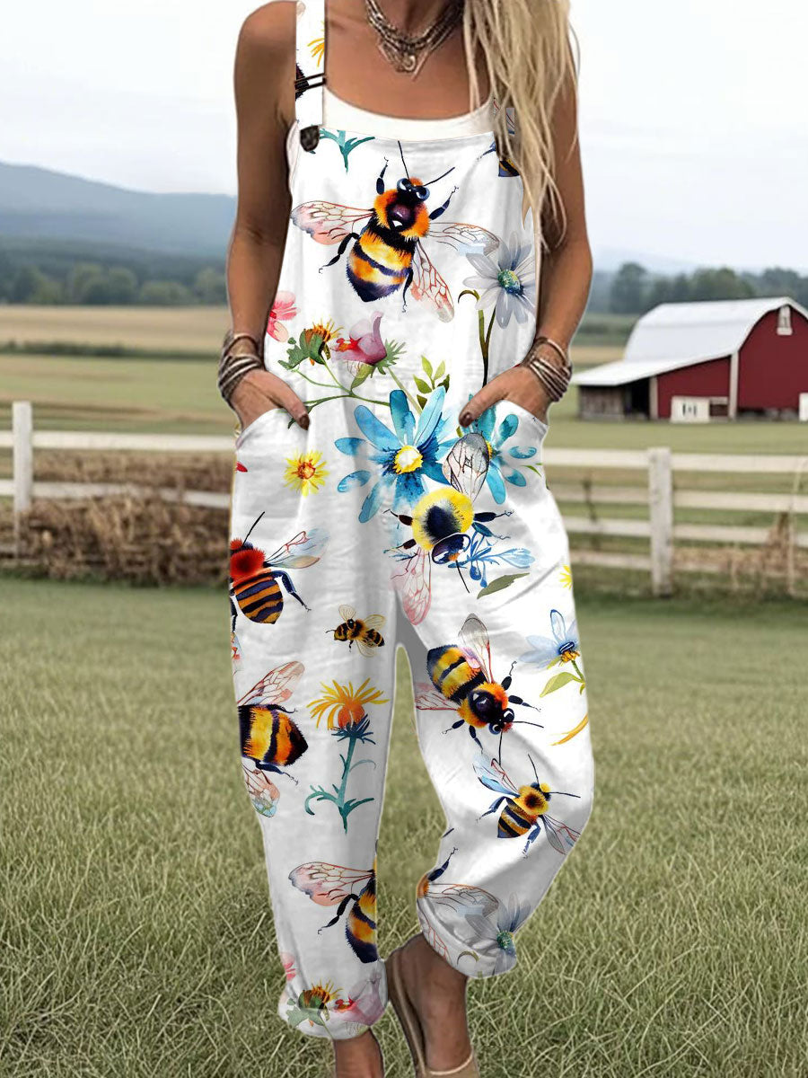 Women's  Funny Farm Bee Art Print Casual 100% Cotton Wide Leg Jumpsuit