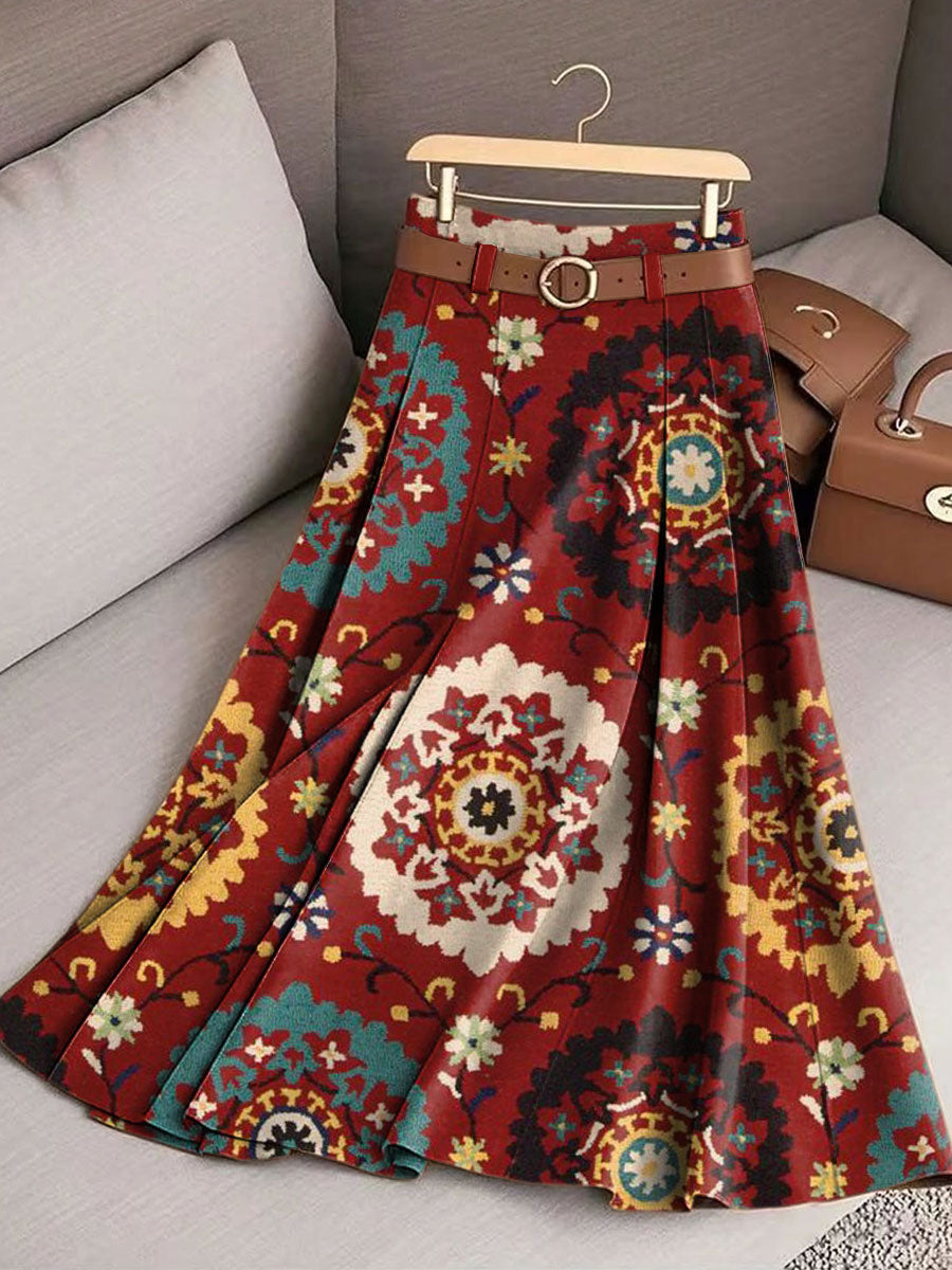 Women's Retro Flowers Pattern Casual Print Cotton Skirt