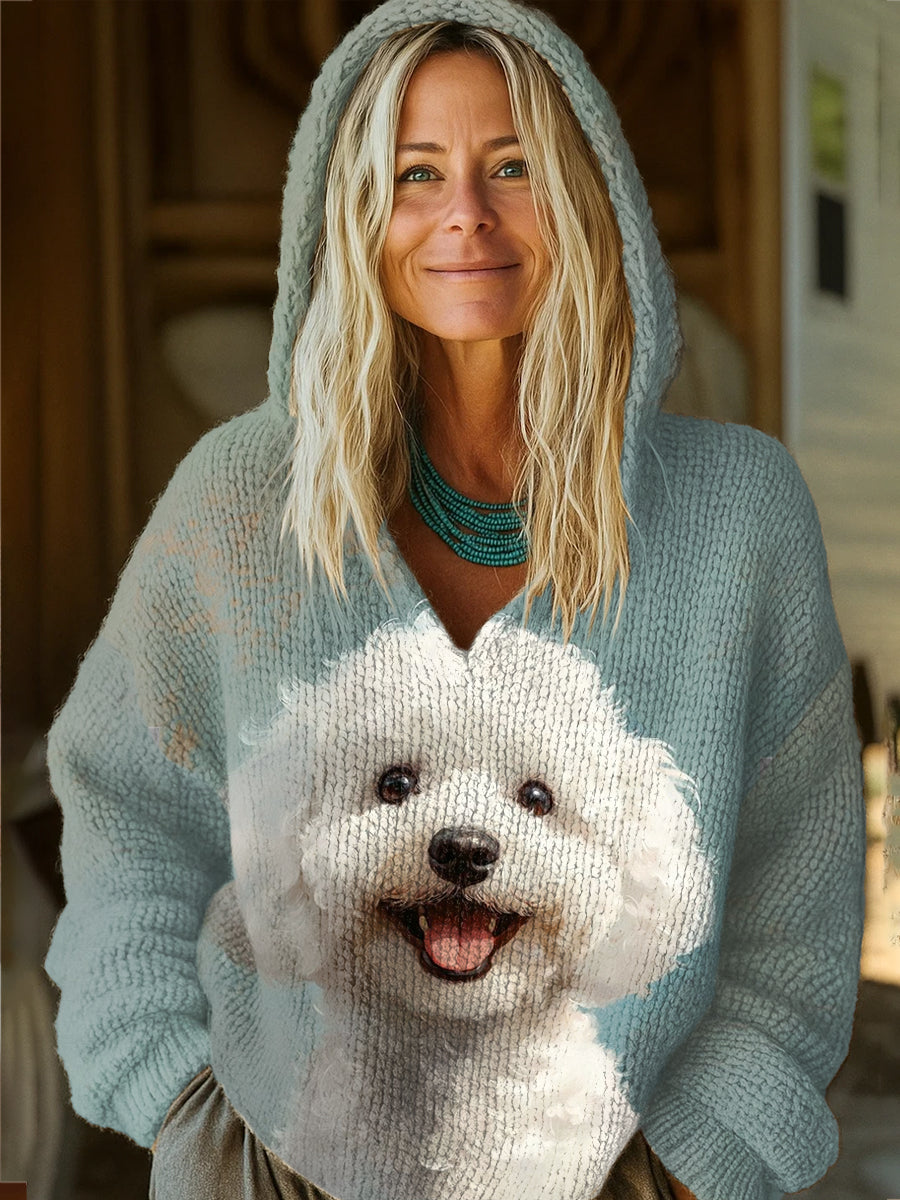 Cute Dog Art Print Casual Knitted Hoodie Sweater
