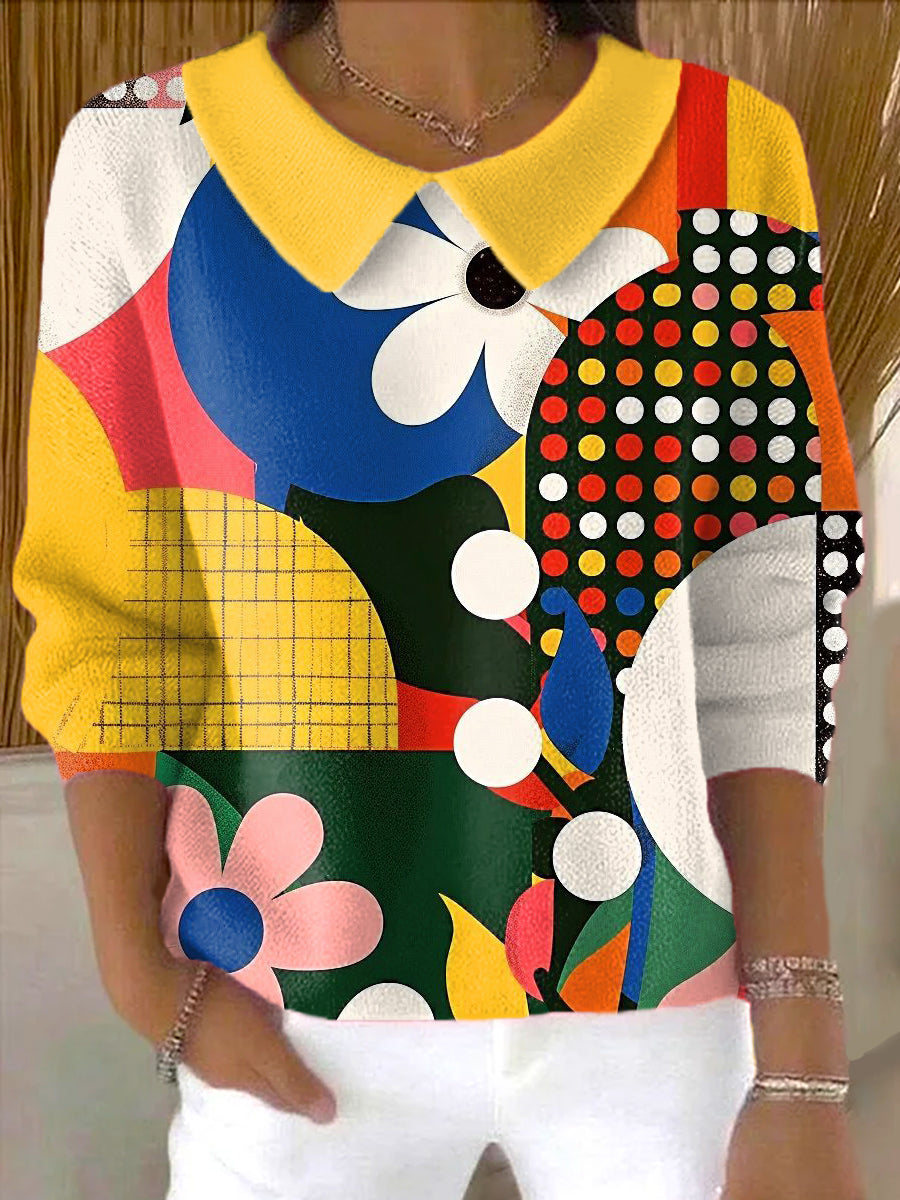womens-beautiful-colorful-abstract-geometric-floral-painting-art-print-casual-peter-pan-collar-3-4-sleeve-sweater